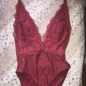 Deep V neck pink one piece bathing suit open back